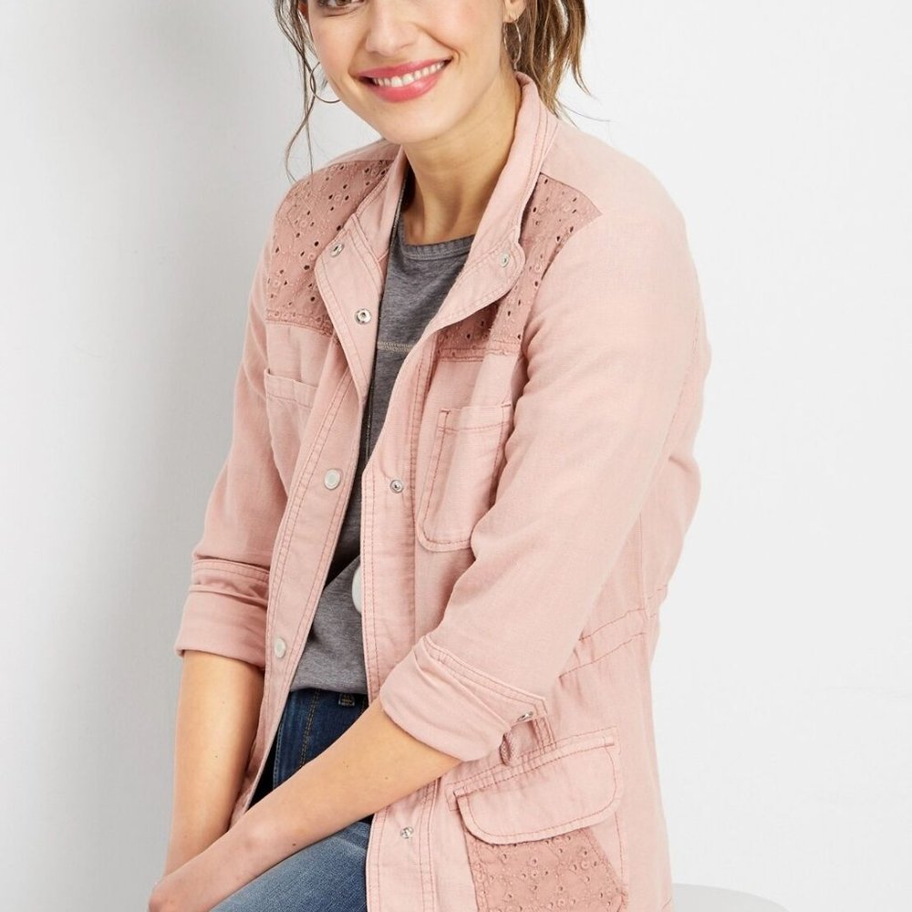 Maurices Eyelet Trim Anorak Utility Jacket Pink Linen Cotton Size XXL H13159 - Picture 10 of 10